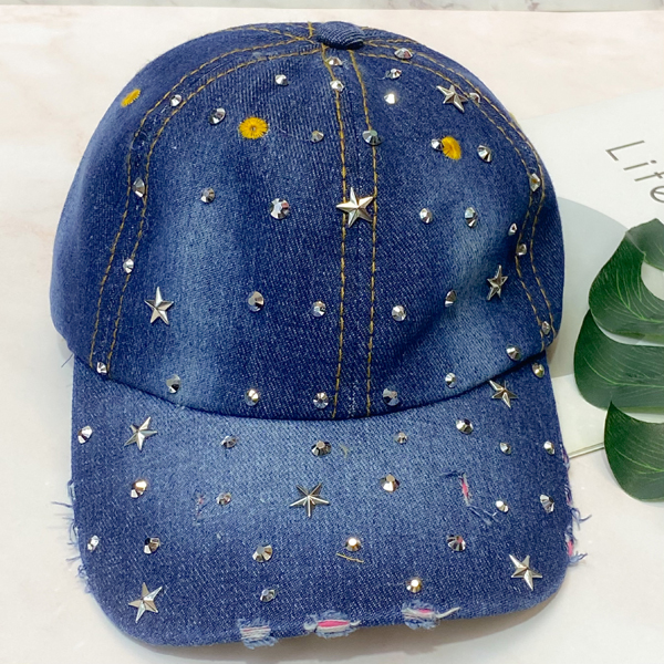 หมวกแก๊ป ผ้ายีนส์  ประดับพลอยเทียม   รูปดวงดาว